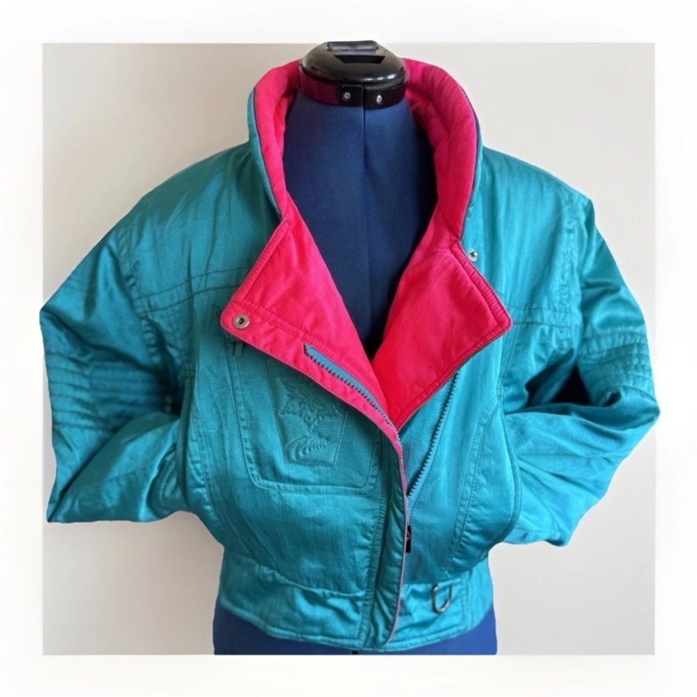 Vintage 80s Prima Festival Sports Zip Puffer Neon Teal Hot Pink Winter Jacket S